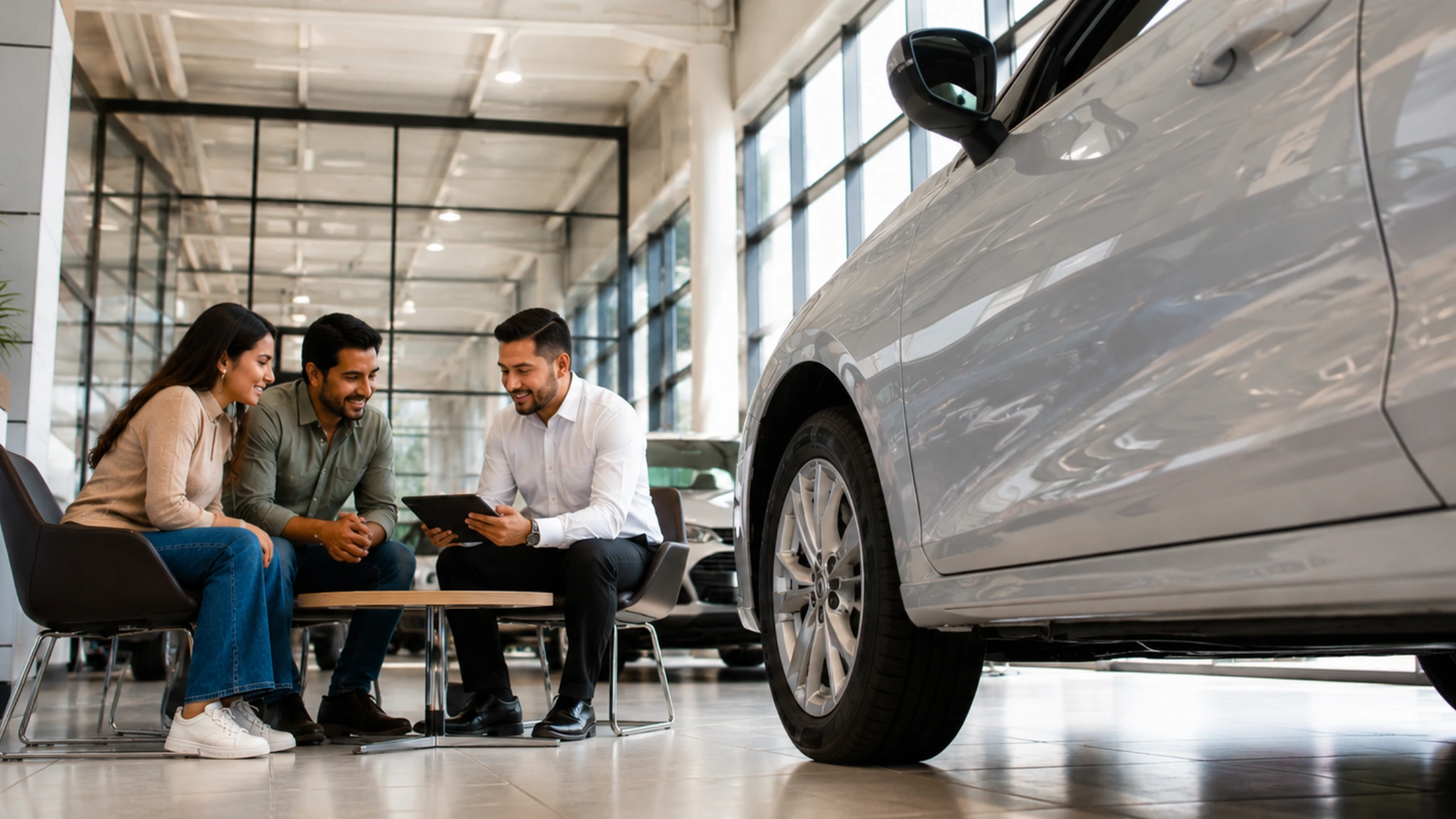 Pareja-conversando-con-asesor-sobre-financiamiento automotriz 
